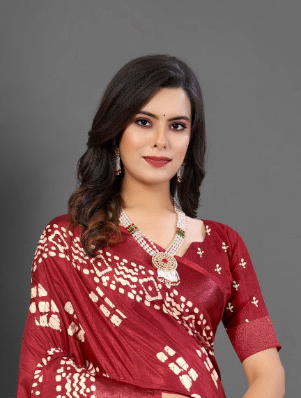 Rose Red Printed Dola Silk Saree