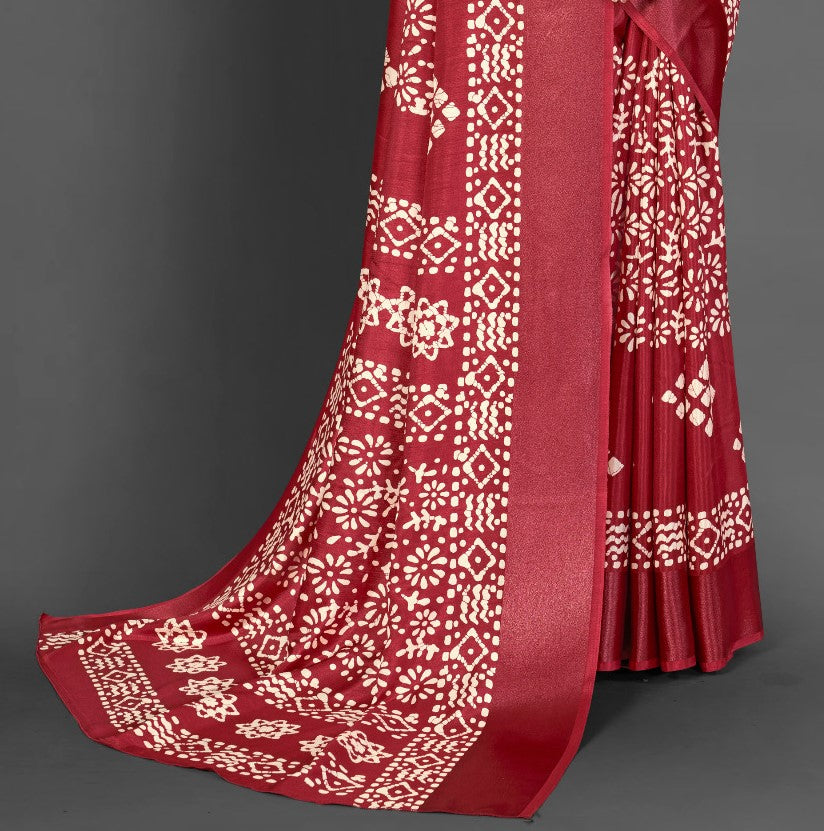 Rose Red Printed Dola Silk Saree