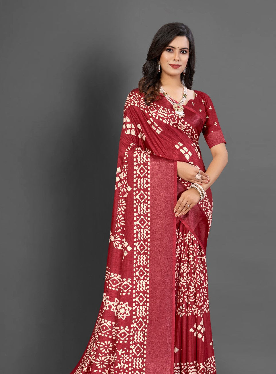 Rose Red Printed Dola Silk Saree