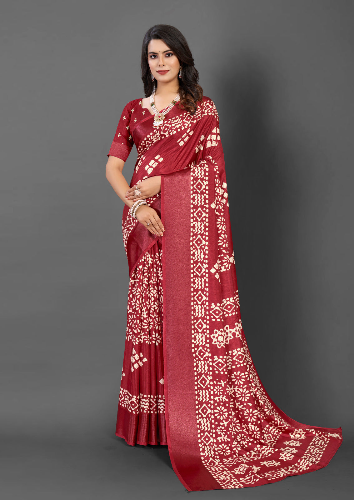 Rose Red Printed Dola Silk Saree