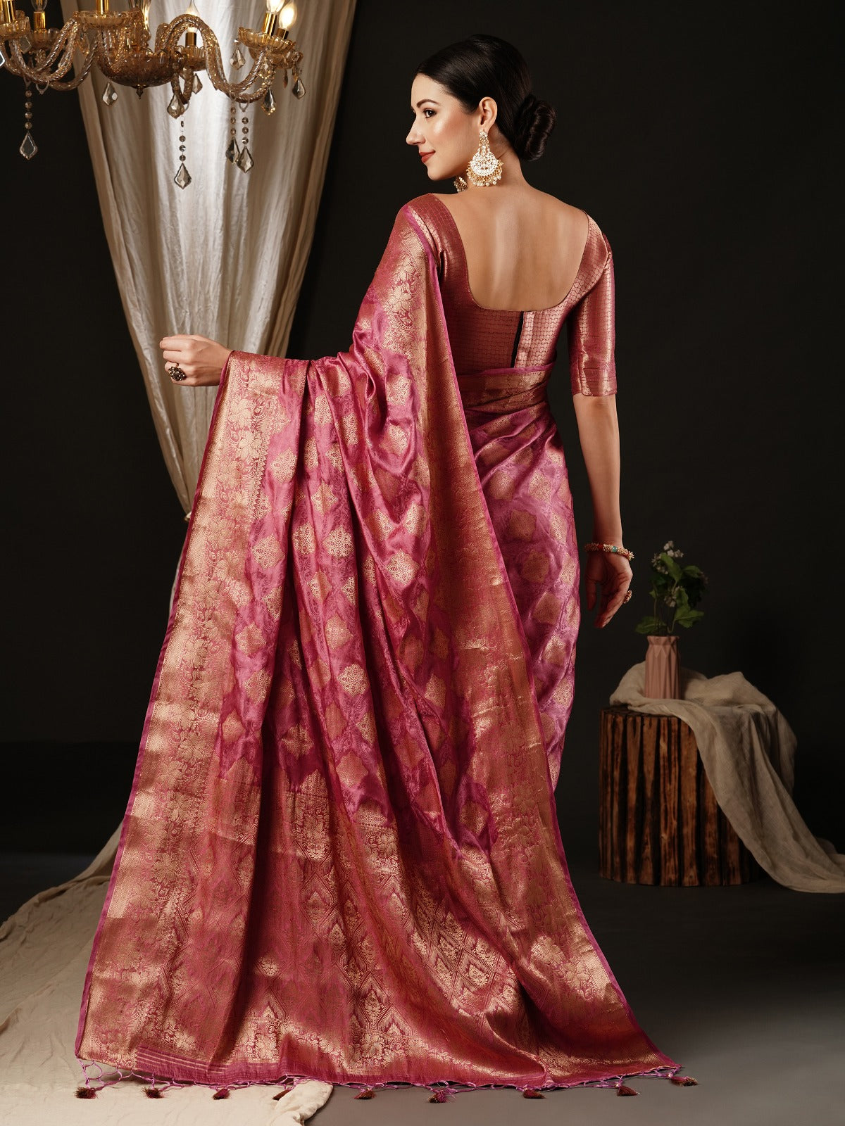 Rouge Pink Woven Banarasi Satin Silk Saree