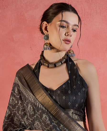 Sable Black Printed Sungudi Silk Saree