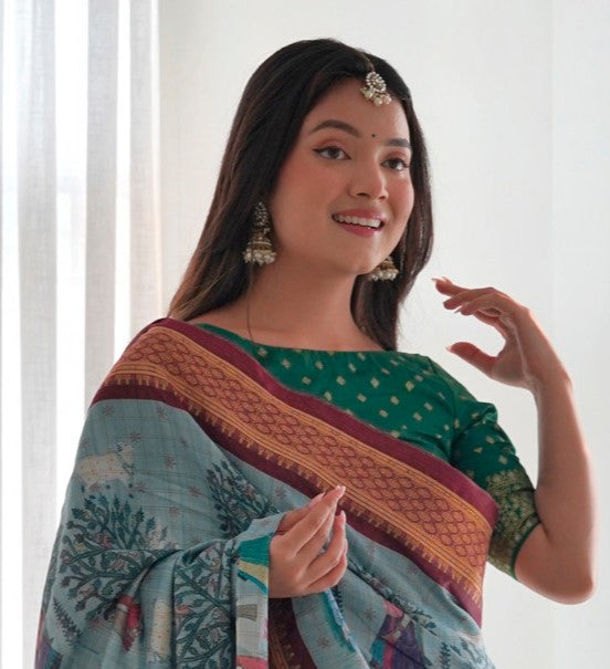 Sapphire Blue Printed Silk Saree