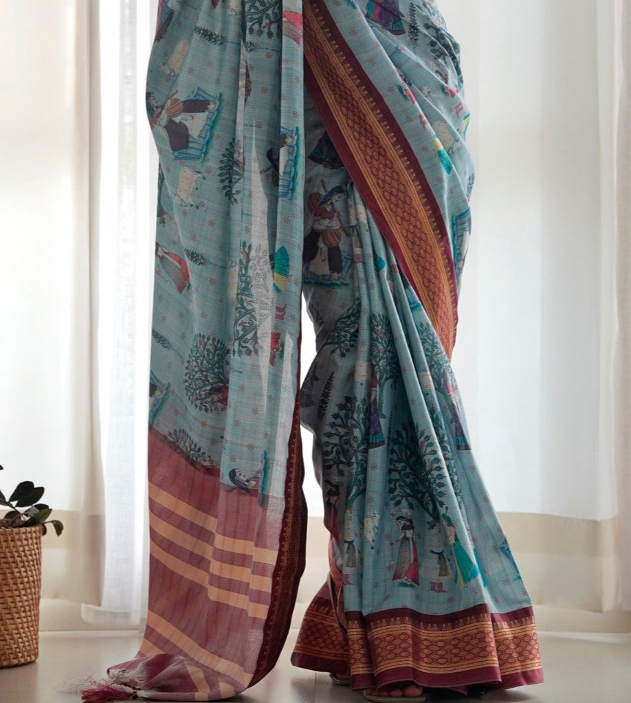 Sapphire Blue Printed Silk Saree