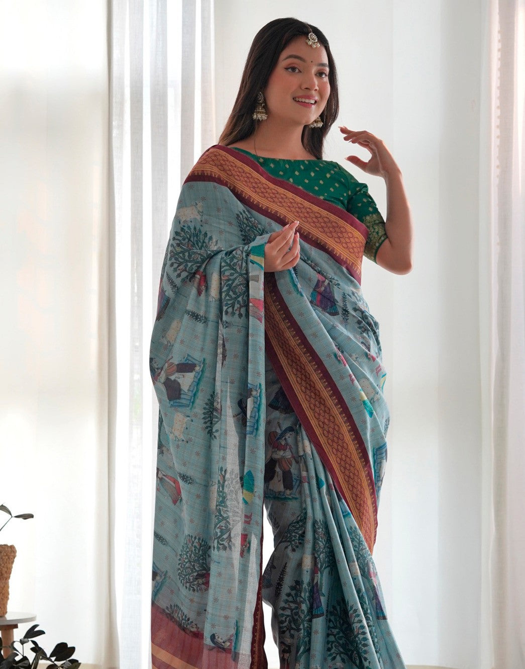 Sapphire Blue Printed Silk Saree