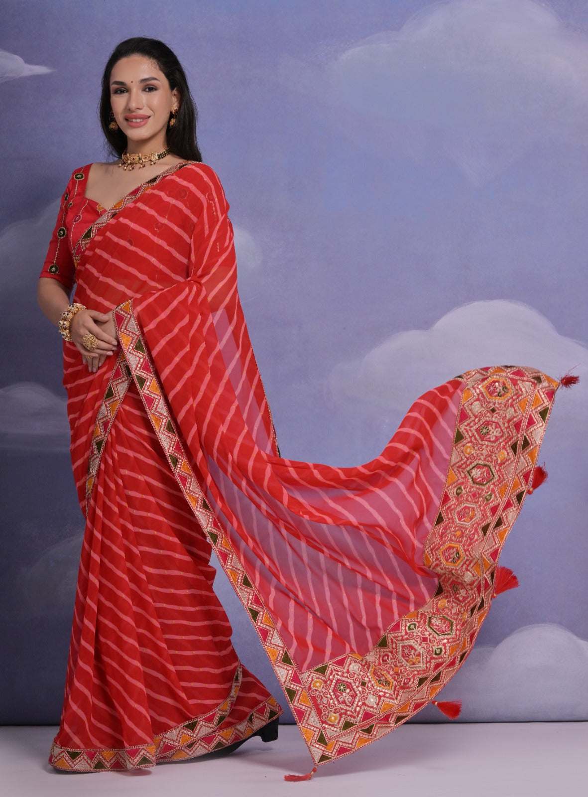 Scarlet Red Leheriya Georgette Saree