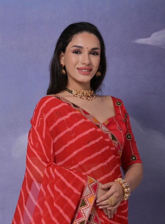 Scarlet Red Leheriya Georgette Saree