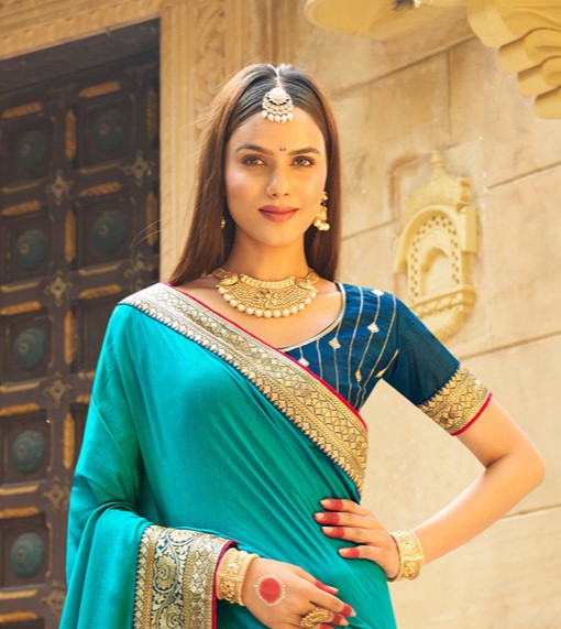 Sea Blue Vichitra Silk Silk Saree