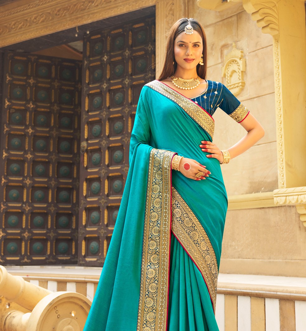 Sea Blue Vichitra Silk Silk Saree