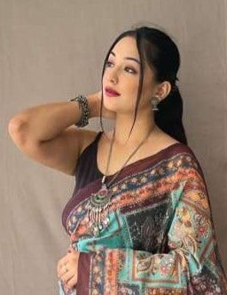 Sky Blue & Maroon Printed Cotton Linen Saree