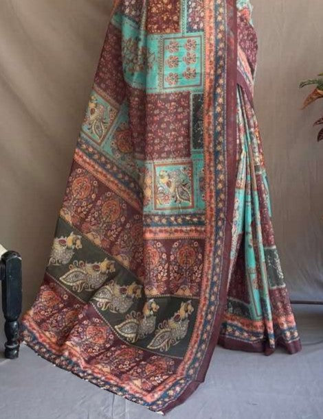 Sky Blue & Maroon Printed Cotton Linen Saree