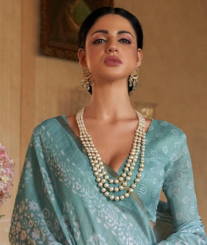 Sky Blue Bagru Cotton Saree