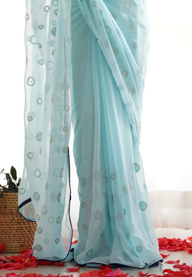 Sky Blue Sequins Georgette Saree