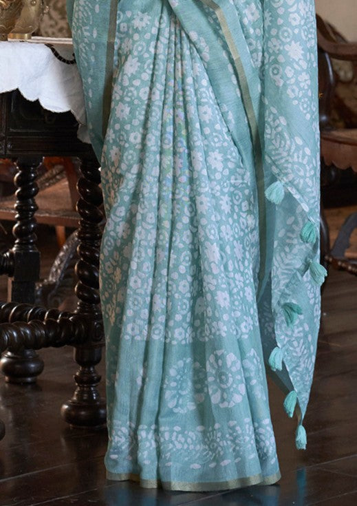 Sky Blue Bagru Cotton Saree