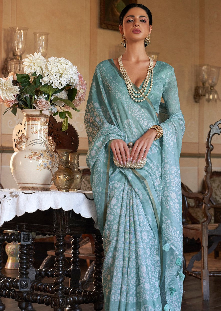 Sky Blue Bagru Cotton Saree