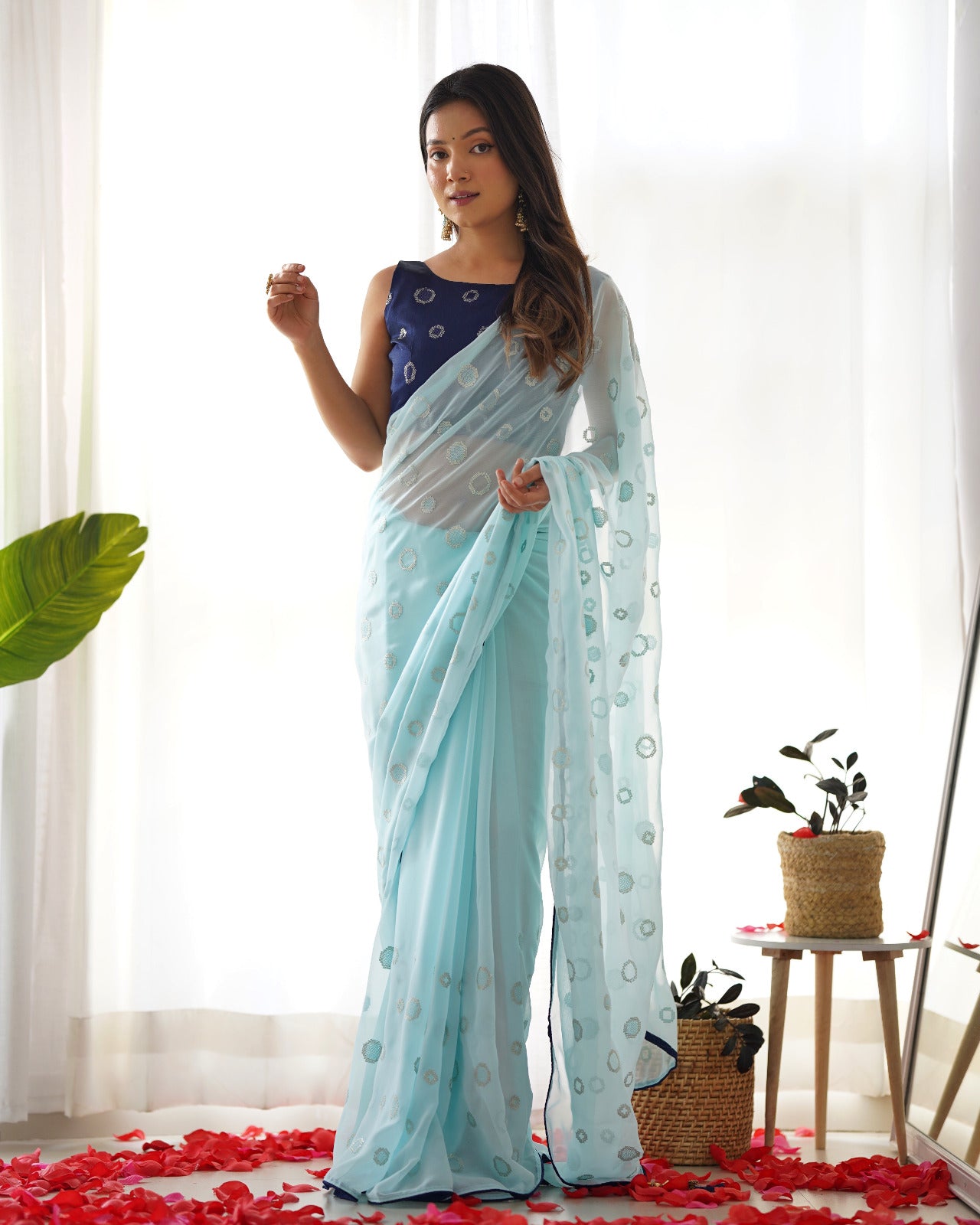 Sky Blue Sequins Georgette Saree