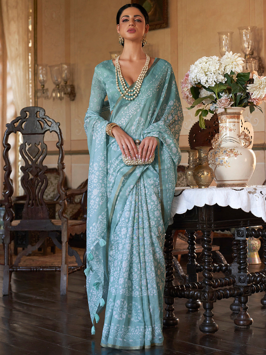 Sky Blue Bagru Cotton Saree