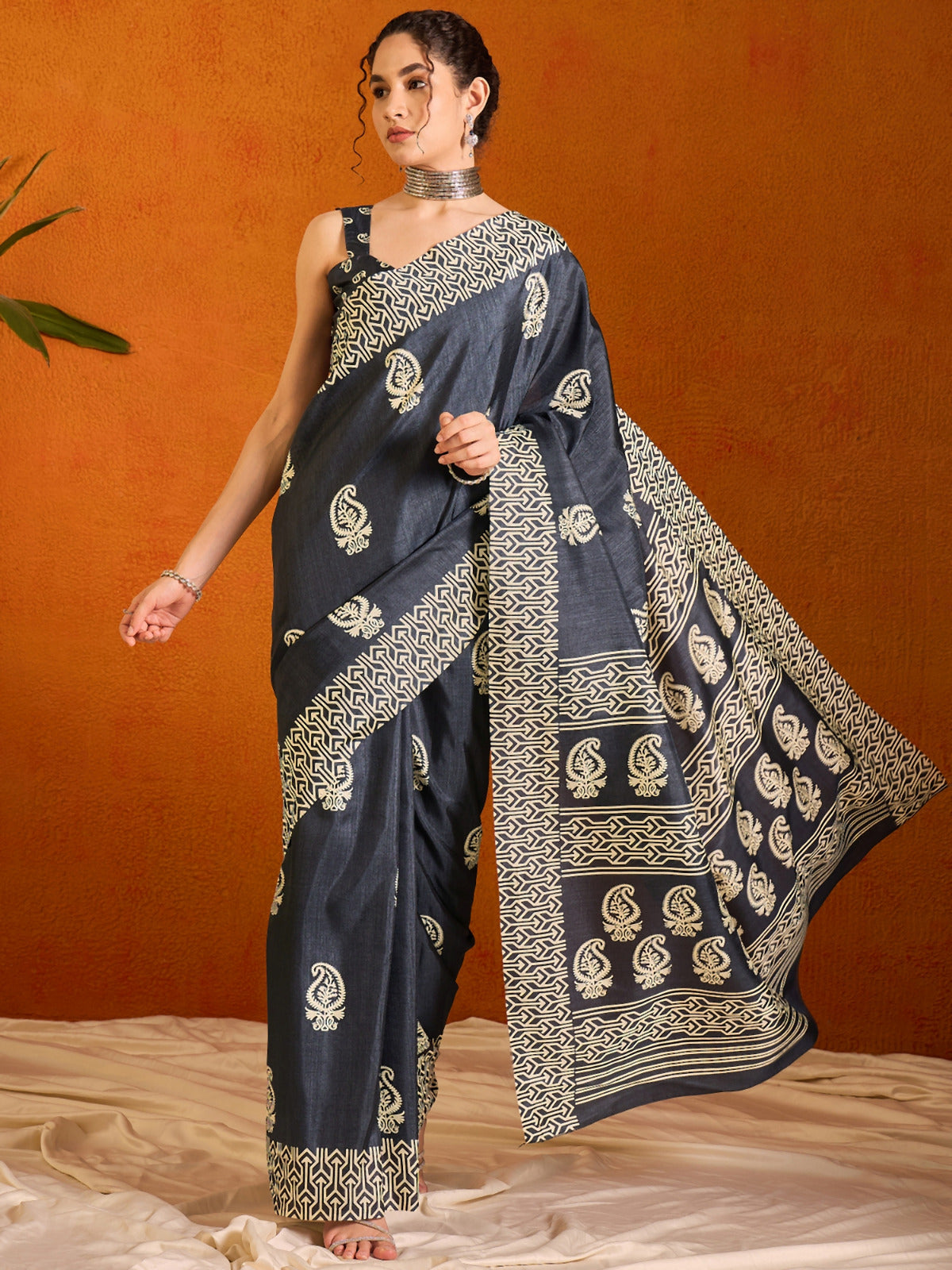 Slate Gray Printed Bagru Cotton Saree