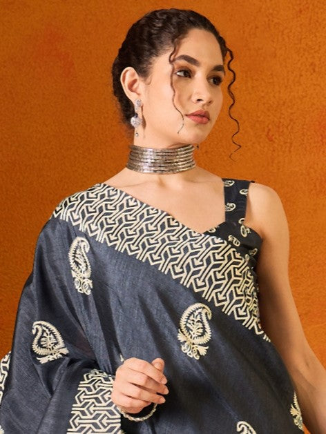 Slate Gray Printed Bagru Cotton Saree