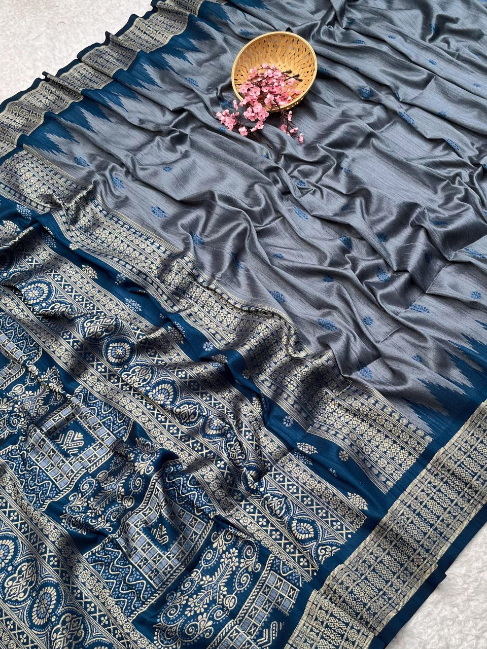 Slate Grey Desi Tussar Silk Saree