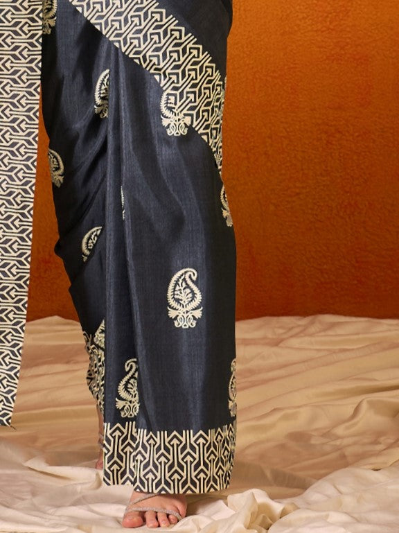 Slate Gray Printed Bagru Cotton Saree