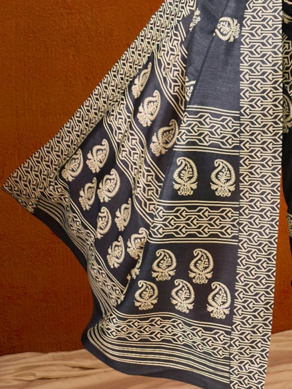 Slate Gray Printed Bagru Cotton Saree