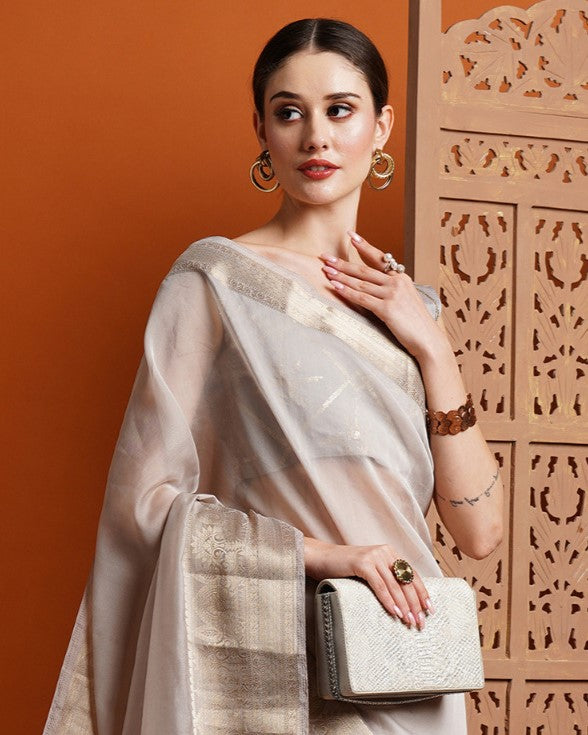 Steel Grey Woven Organza Saree