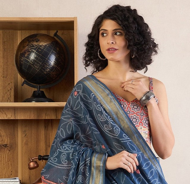 Steel Blue Printed Cotton Ikat Saree