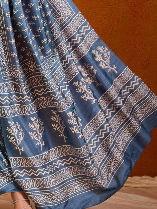 Steel Blue Printed Bagh Cotton Saree