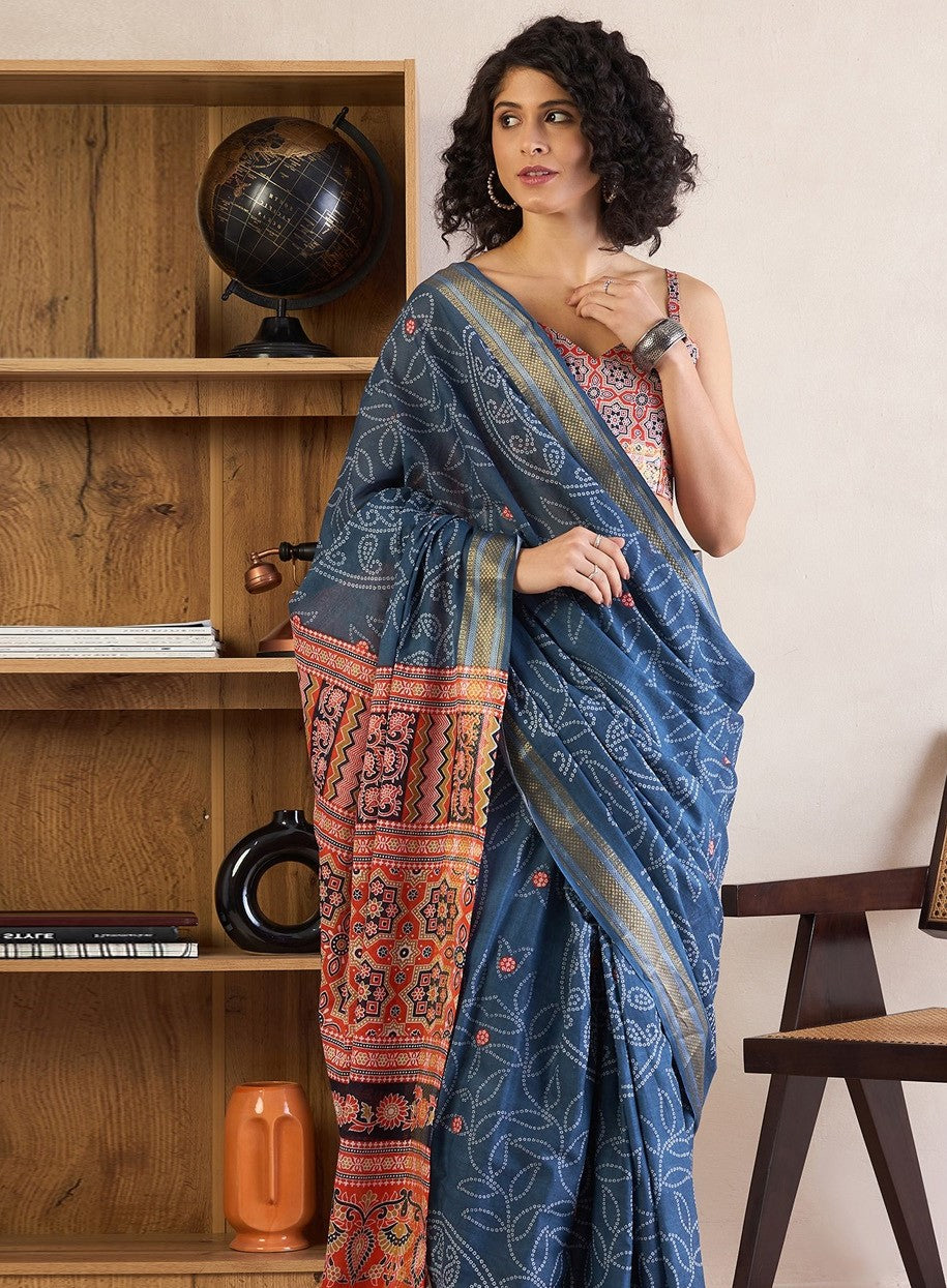 Steel Blue Printed Cotton Ikat Saree