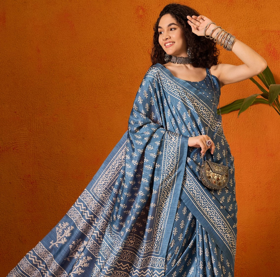 Steel Blue Printed Bagh Cotton Saree