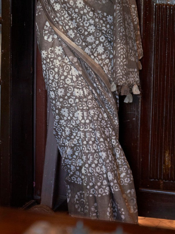 Stone Grey Blue Bagru Cotton Saree