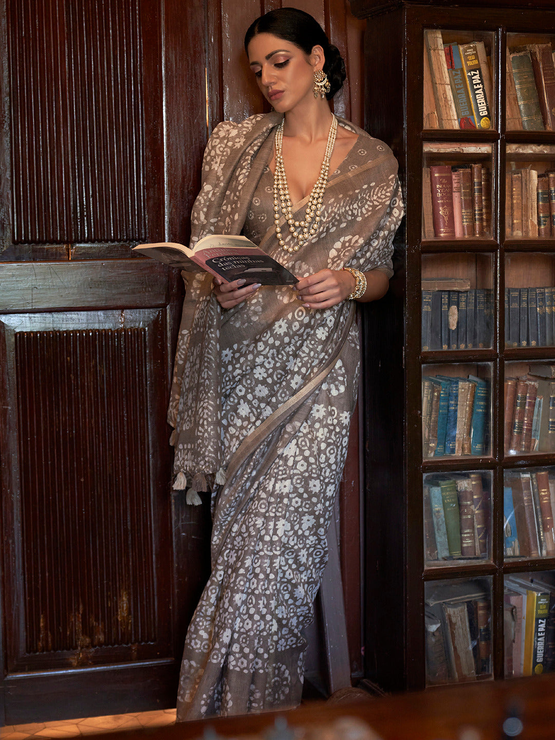 Stone Grey Blue Bagru Cotton Saree