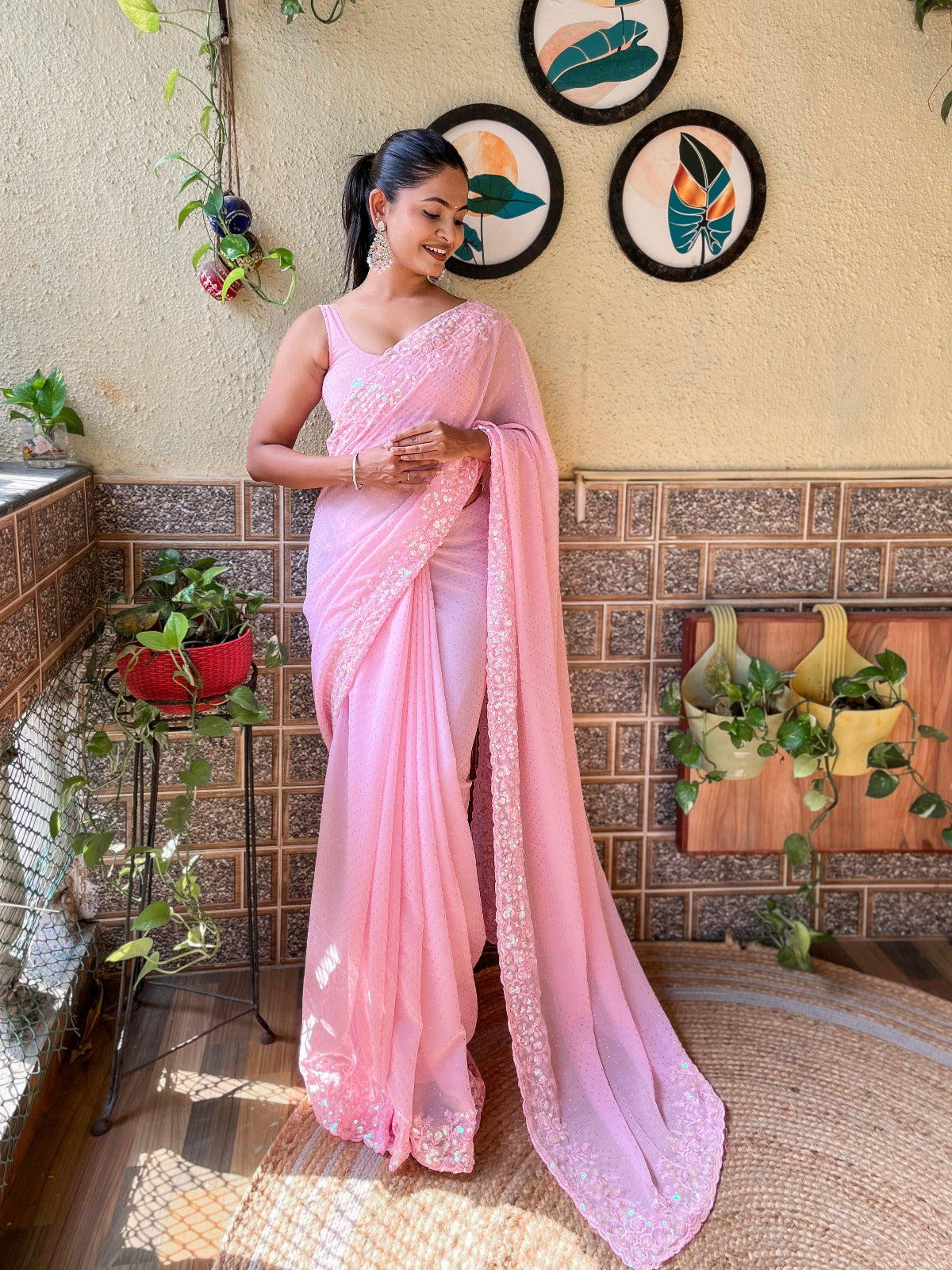 Taffy Pink Georgette Saree