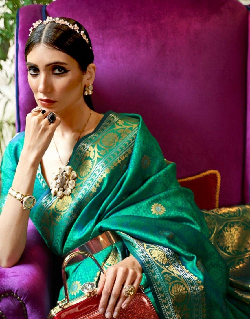 Teal Blue Floral Banarasi Silk Saree