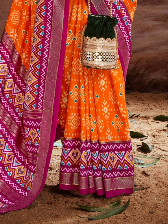 Tiger Orange Printed Tussar Silk Ikat Saree