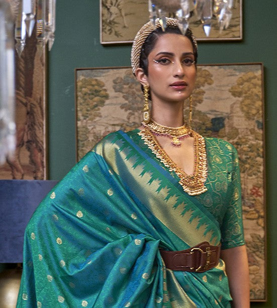 Turquoise Green Woven Kanjivaram Silk Saree