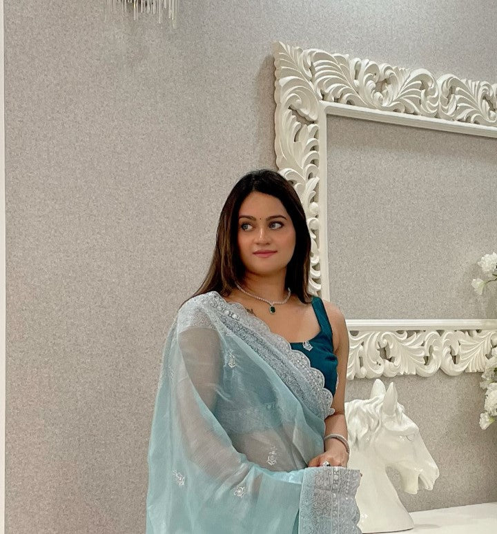 Waterfall Blue Sequins Organza Saree