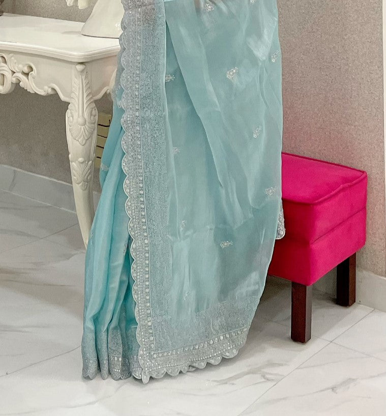 Waterfall Blue Sequins Organza Saree