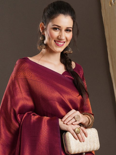 Wine Red Woven Kanjivaram Saree