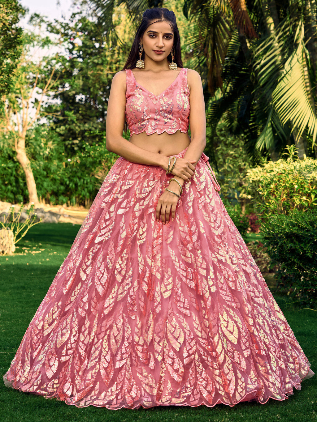 LOTUS PINK HEAVY SEQUINS LEHENGA
