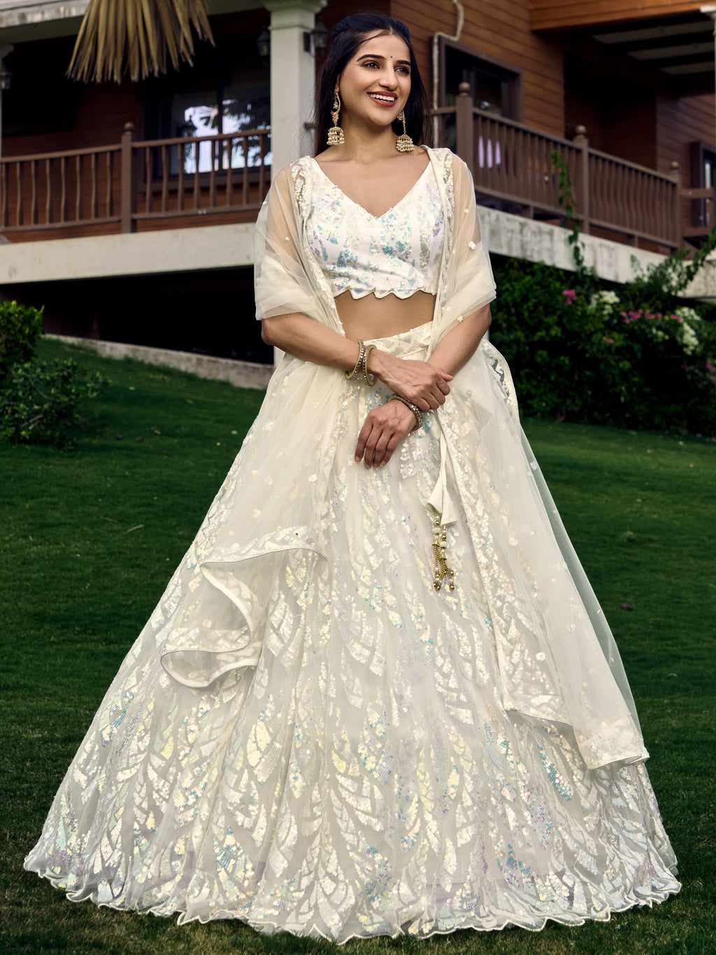 OFF WHITE HEAVY SEQUINS LEHENGA