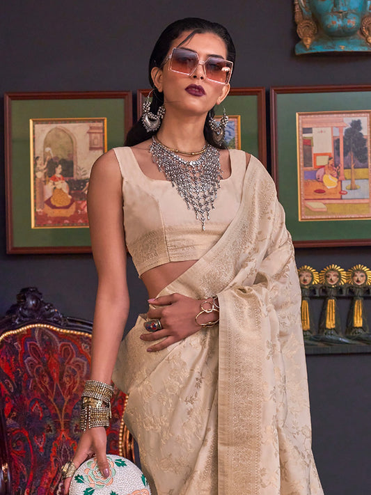 Beige Woven Banarasi Silk Saree