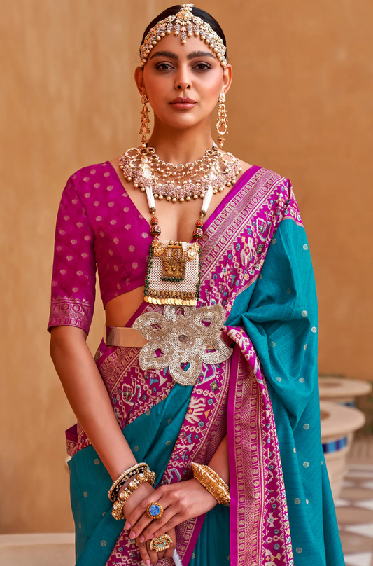 Cyan Blue Woven Patola Silk Saree