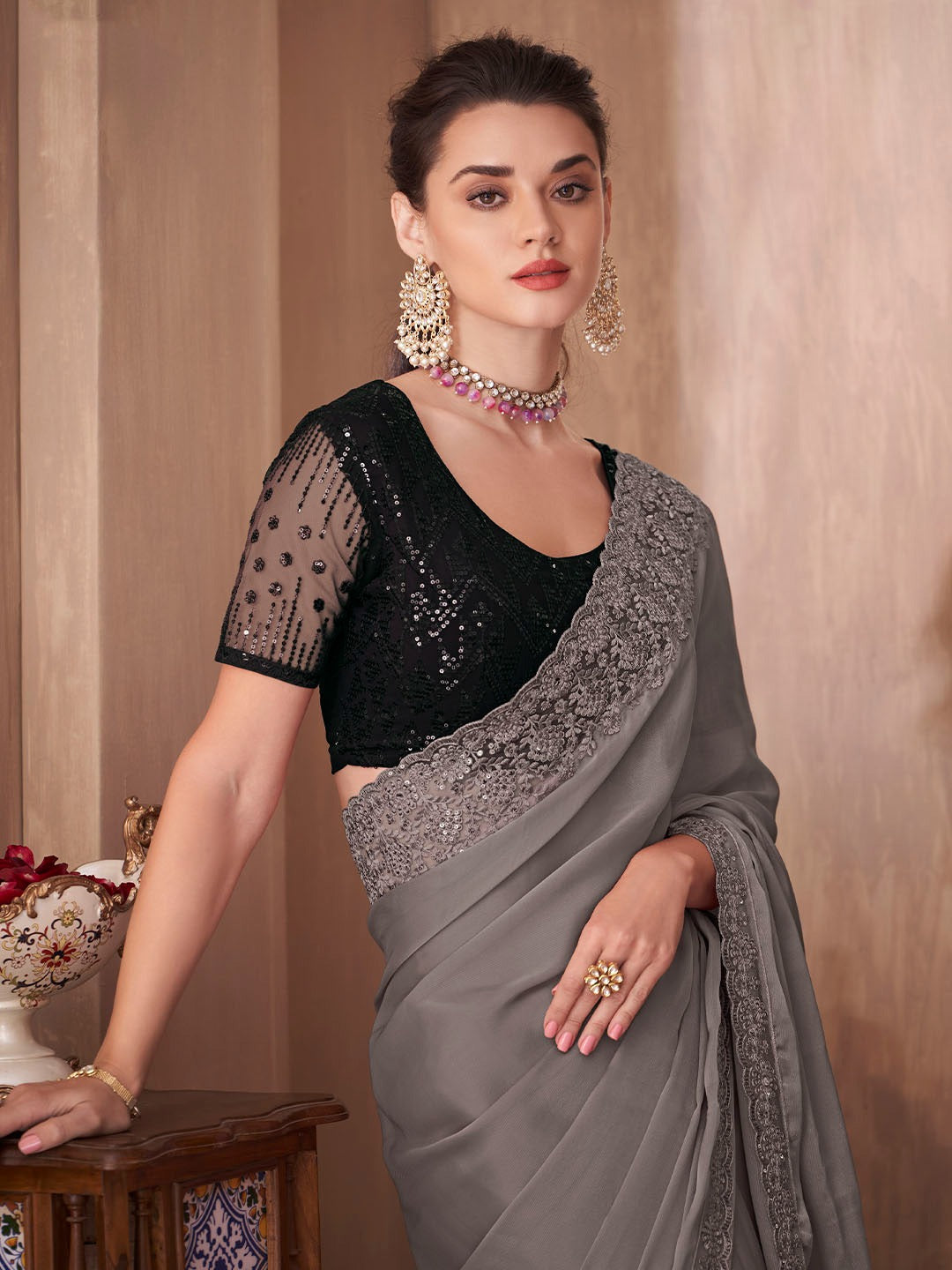 Fossil Grey Sequins Silk Saree