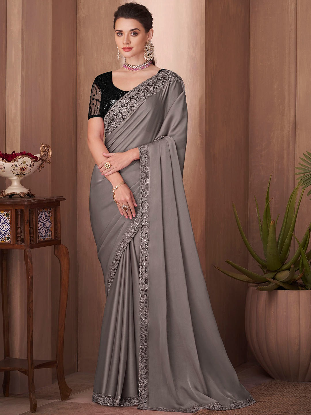 Fossil Grey Sequins Silk Saree