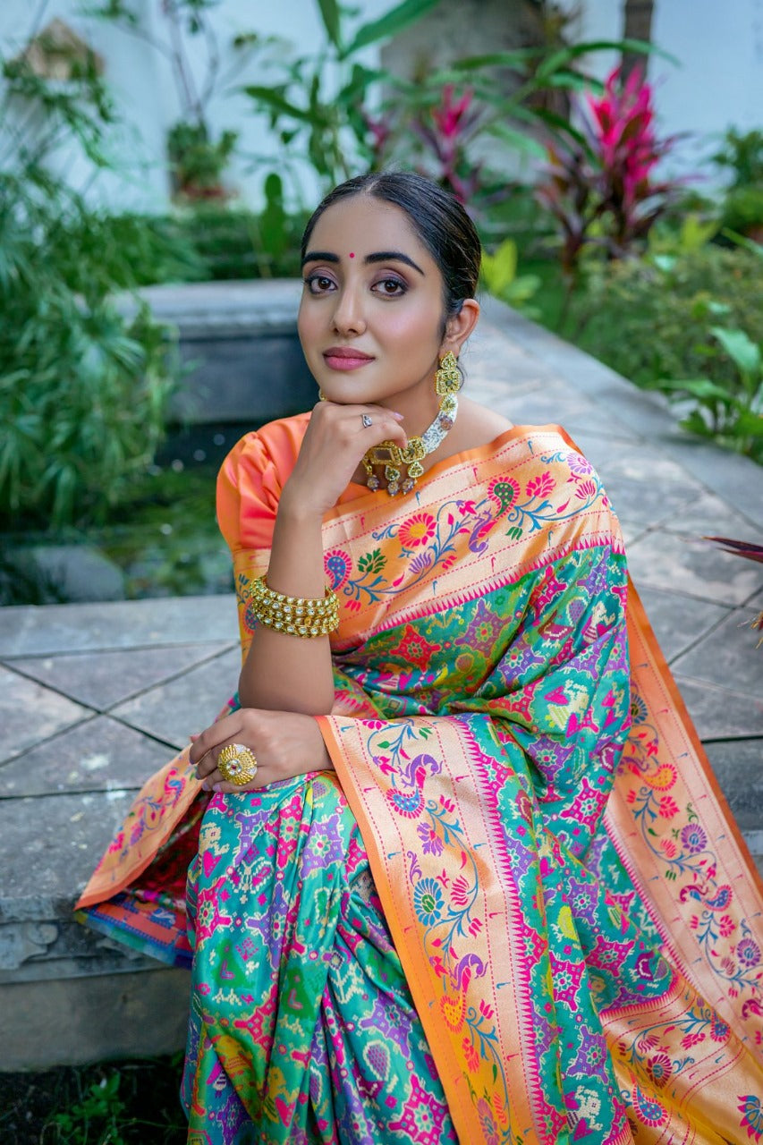 Green & Orange Soft Paithani Silk Saree