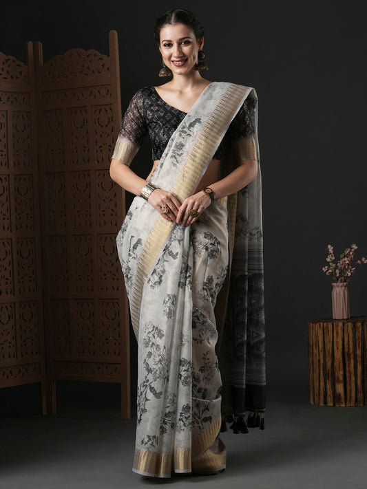 Stone Grey Floral Organza Saree