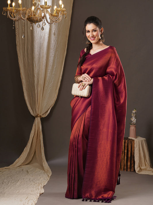 Wine Red Woven Kanjivaram Saree
