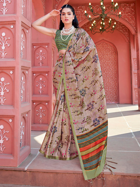 Bird Print Banarasi Silk Saree